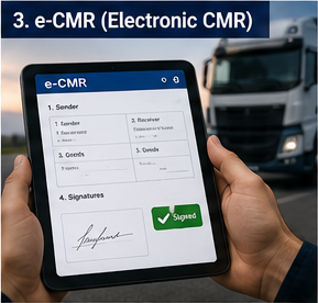 Motorista a utilizar um documento digital e-CMR num tablet durante um transporte logístico