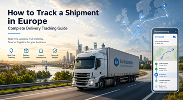 Painel de acompanhamento de remessas na logística europeia a mostrar rotas de camiões, tracking por GPS e estados de entrega em toda a Europa